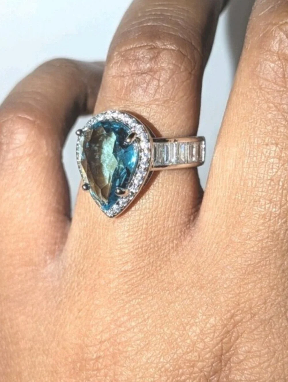 Shimmering 5ct Pear Cut Lab Created Blue Topaz Ring 14k White Gold Plated Sz 6